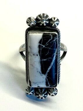 D. Benally Navajo Sterling Silver Black White Buffalo Ring Sz 9 Statement